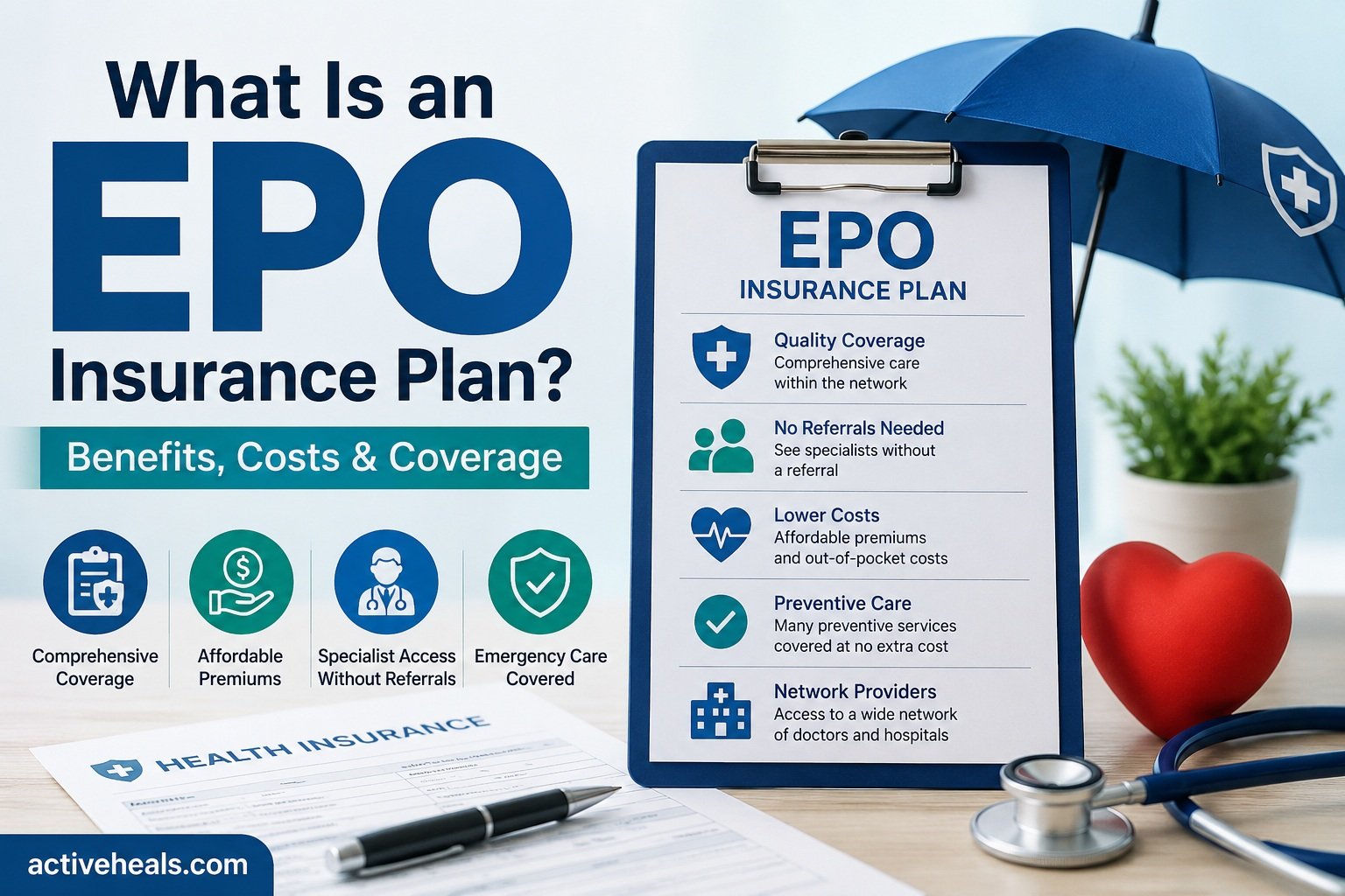EPO insurance plan showing benefits, costs, coverage, network providers, and specialist access without referrals