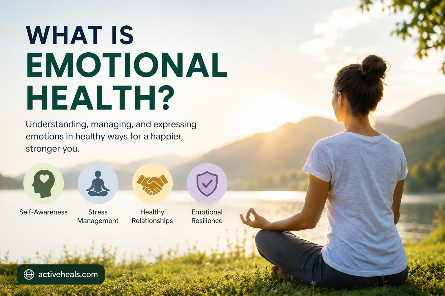 Woman meditating by a peaceful lake illustrating emotional health, self-awareness, stress management, healthy relationships, and emotional resilience