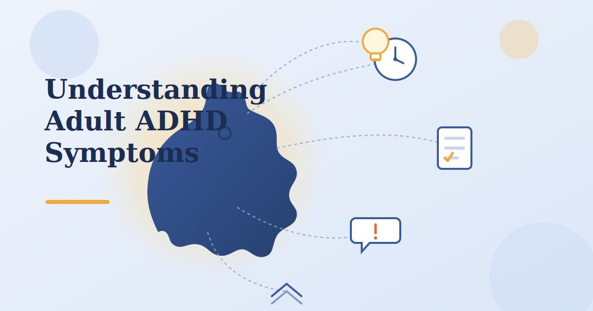 Illustration of adult ADHD symptoms showing scattered focus, time blindness, and racing thoughts