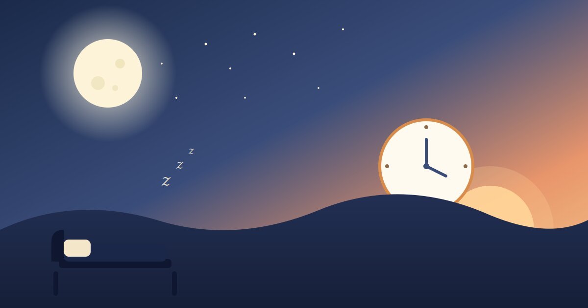 Illustration showing how to fix your sleep schedule with a clock, moon, and sunrise symbolizing a healthy sleep-wake cycle