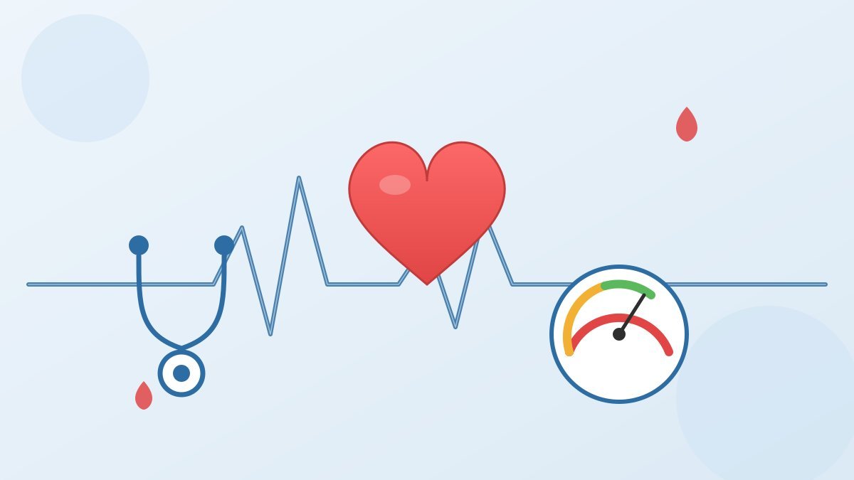 Illustration of a heart, blood pressure gauge, and stethoscope representing causes of high blood pressure