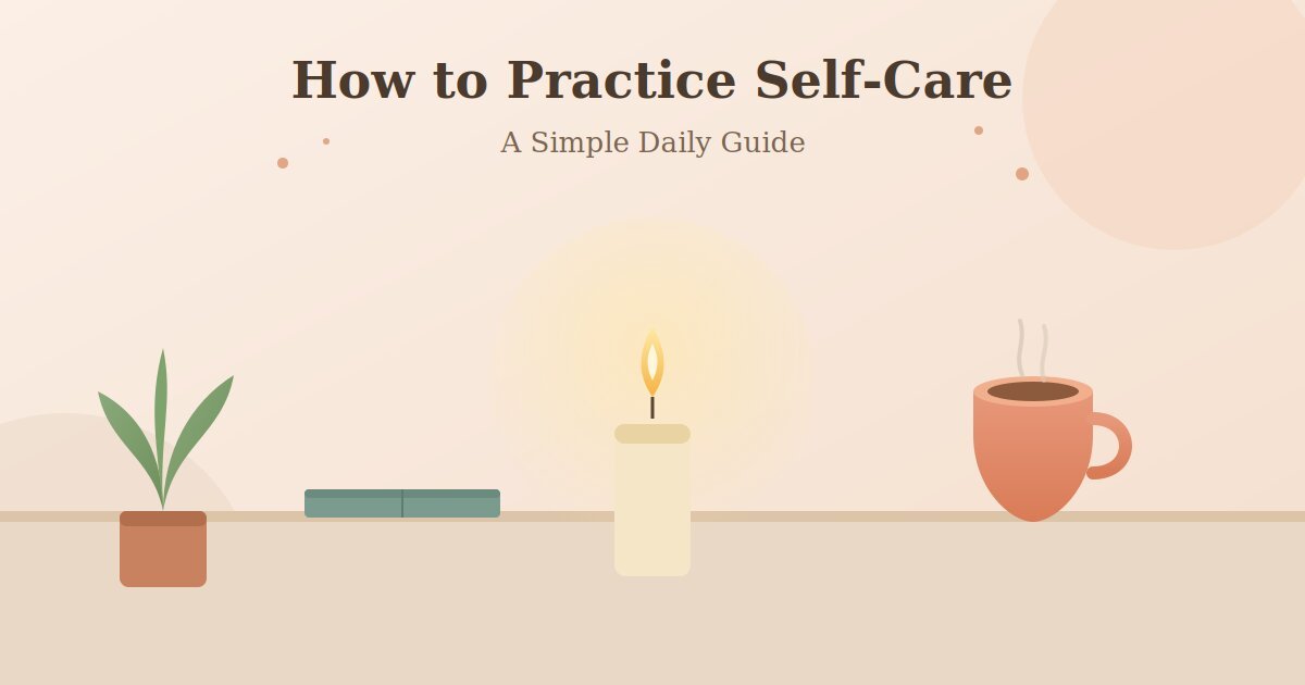 Flat illustration of a candle, tea cup, plant, and journal representing daily self-care practices